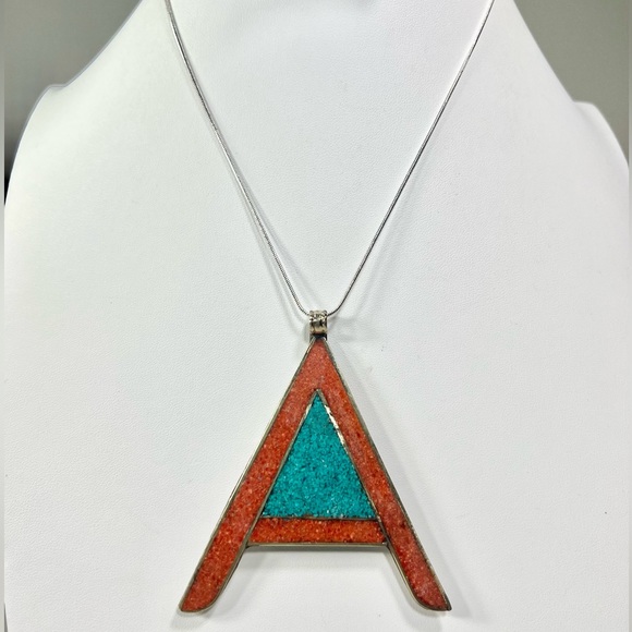 Tibetan Turquoise Coral 925 Large Letter A Initial Pendant - Picture 1 of 8